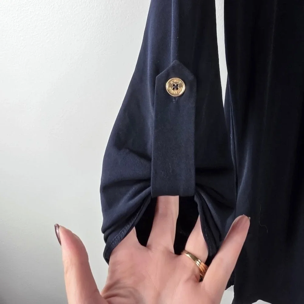 Michael Kors Navy Blue V Neck Grommet Detail Long Sleeve Tunic Top M‎